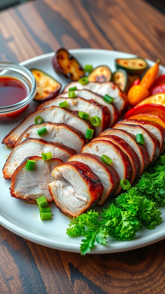 Grilled duck breasts sliced and garnished with green onions, served with grilled vegetables on a rustic table.